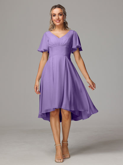 Short Sleeves V Neck Knee Length Chiffon Bridesmaid Dresses