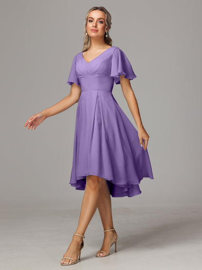 Short Sleeves V Neck Knee Length Chiffon Bridesmaid Dresses