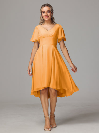 Short Sleeves V Neck Knee Length Chiffon Bridesmaid Dresses