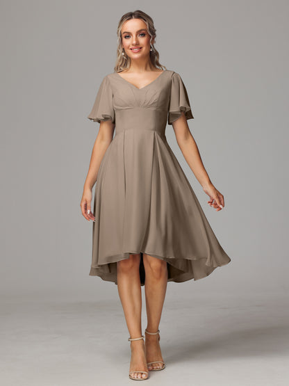 Short Sleeves V Neck Knee Length Chiffon Bridesmaid Dresses