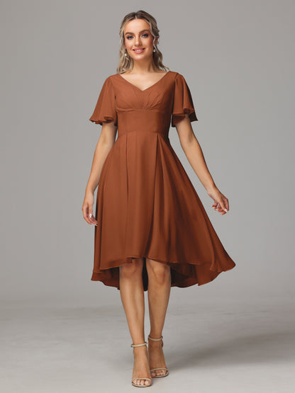Short Sleeves V Neck Knee Length Chiffon Bridesmaid Dresses