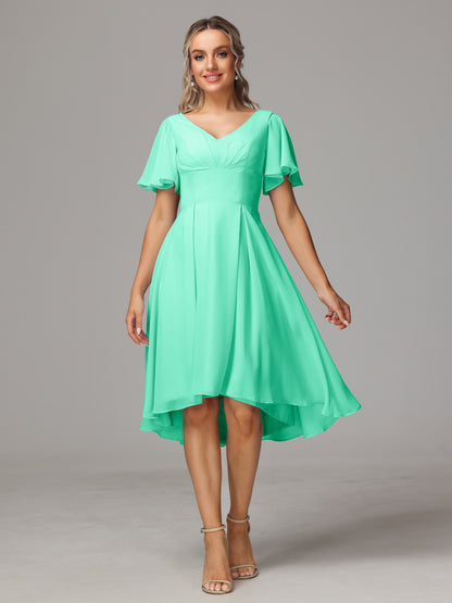 Short Sleeves V Neck Knee Length Chiffon Bridesmaid Dresses
