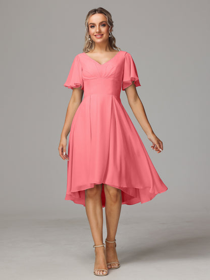 Short Sleeves V Neck Knee Length Chiffon Bridesmaid Dresses