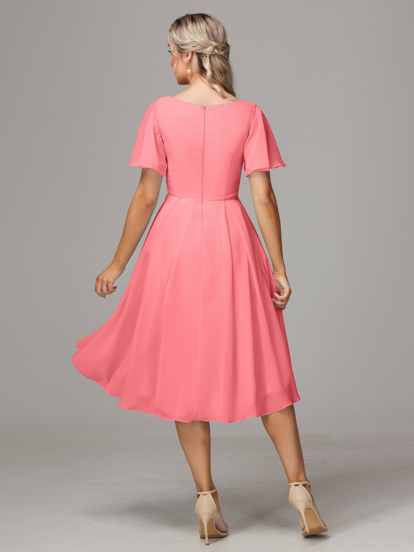 Short Sleeves V Neck Knee Length Chiffon Bridesmaid Dresses