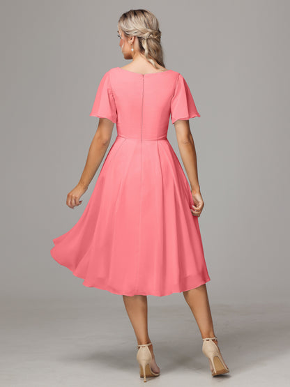 Short Sleeves V Neck Knee Length Chiffon Bridesmaid Dresses