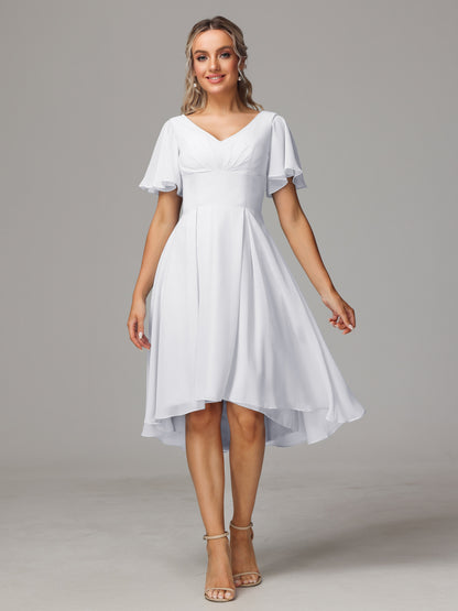 Short Sleeves V Neck Knee Length Chiffon Bridesmaid Dresses