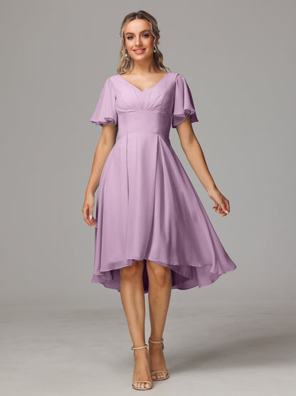 Short Sleeves V Neck Knee Length Chiffon Bridesmaid Dresses
