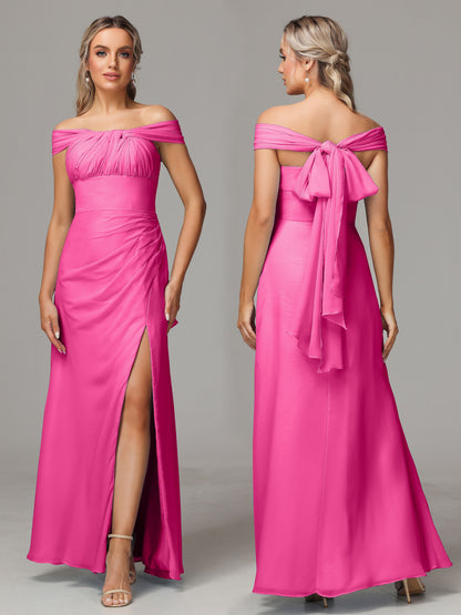 Sleeveless Off The Shoulder Chiffon Bridesmaid Dress With Slit
