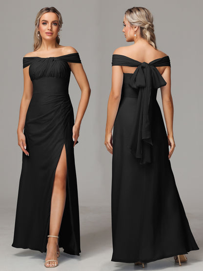 Sleeveless Off The Shoulder Chiffon Bridesmaid Dress With Slit