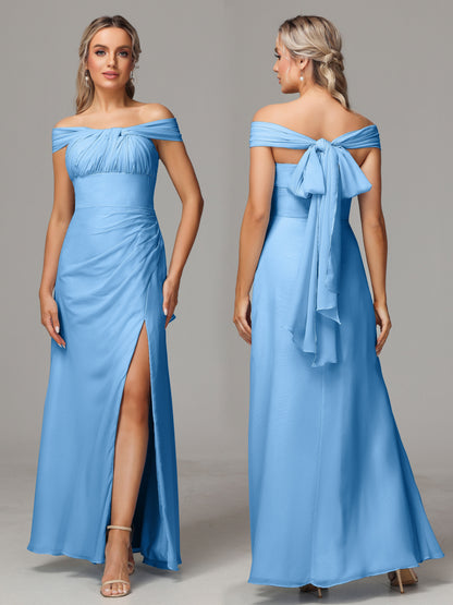 Sleeveless Off The Shoulder Chiffon Bridesmaid Dress With Slit
