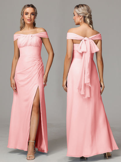 Sleeveless Off The Shoulder Chiffon Bridesmaid Dress With Slit