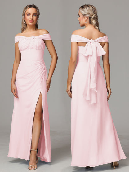 Sleeveless Off The Shoulder Chiffon Bridesmaid Dress With Slit
