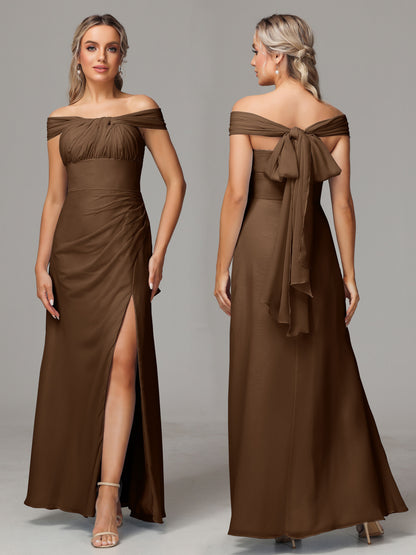Sleeveless Off The Shoulder Chiffon Bridesmaid Dress With Slit