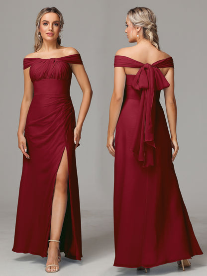 Sleeveless Off The Shoulder Chiffon Bridesmaid Dress With Slit