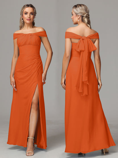 Sleeveless Off The Shoulder Chiffon Bridesmaid Dress With Slit