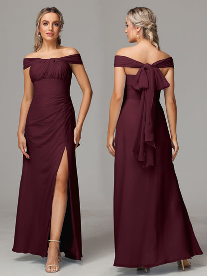 Sleeveless Off The Shoulder Chiffon Bridesmaid Dress With Slit