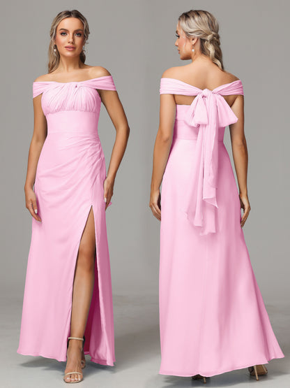Sleeveless Off The Shoulder Chiffon Bridesmaid Dress With Slit