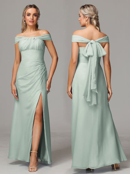 Sleeveless Off The Shoulder Chiffon Bridesmaid Dress With Slit