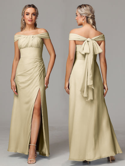 Sleeveless Off The Shoulder Chiffon Bridesmaid Dress With Slit
