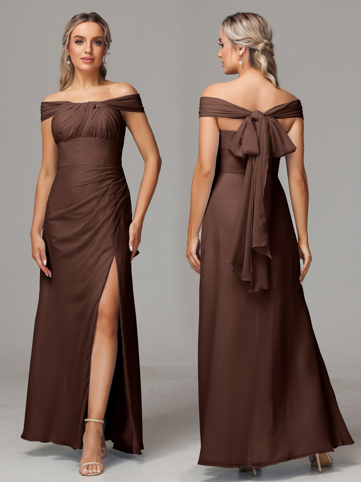 Sleeveless Off The Shoulder Chiffon Bridesmaid Dress With Slit