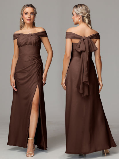 Sleeveless Off The Shoulder Chiffon Bridesmaid Dress With Slit
