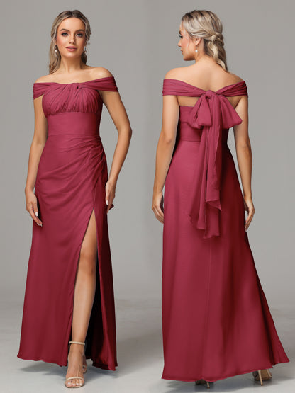 Sleeveless Off The Shoulder Chiffon Bridesmaid Dress With Slit