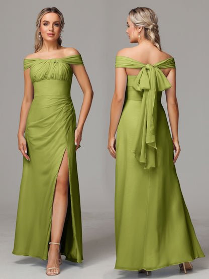 Sleeveless Off The Shoulder Chiffon Bridesmaid Dress With Slit