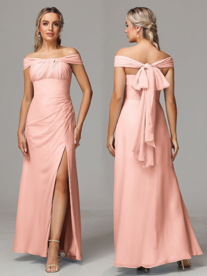 Sleeveless Off The Shoulder Chiffon Bridesmaid Dress With Slit