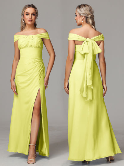 Sleeveless Off The Shoulder Chiffon Bridesmaid Dress With Slit