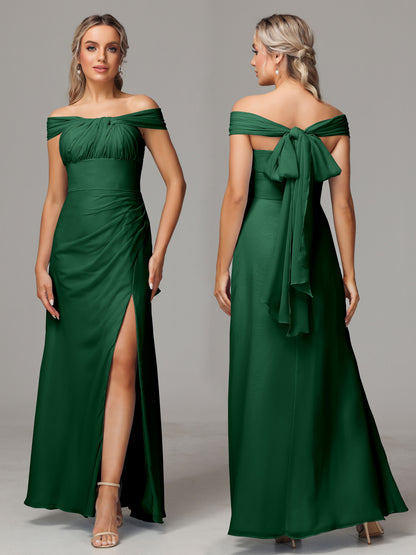 Sleeveless Off The Shoulder Chiffon Bridesmaid Dress With Slit