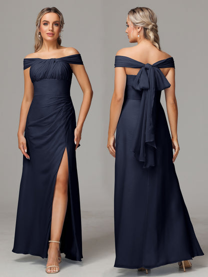 Sleeveless Off The Shoulder Chiffon Bridesmaid Dress With Slit