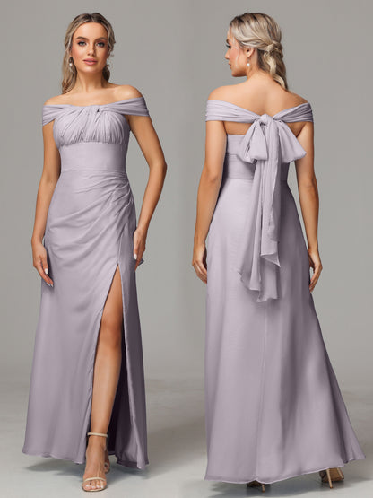 Sleeveless Off The Shoulder Chiffon Bridesmaid Dress With Slit