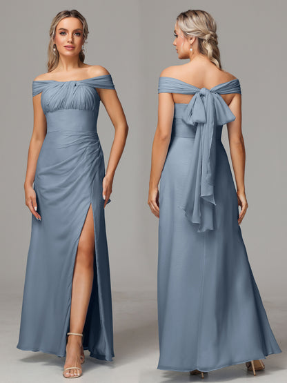 Sleeveless Off The Shoulder Chiffon Bridesmaid Dress With Slit