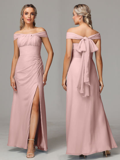 Sleeveless Off The Shoulder Chiffon Bridesmaid Dress With Slit