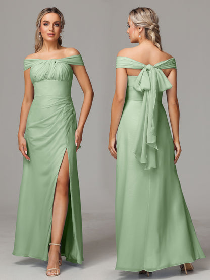 Sleeveless Off The Shoulder Chiffon Bridesmaid Dress With Slit