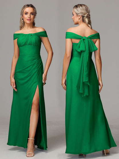 Sleeveless Off The Shoulder Chiffon Bridesmaid Dress With Slit
