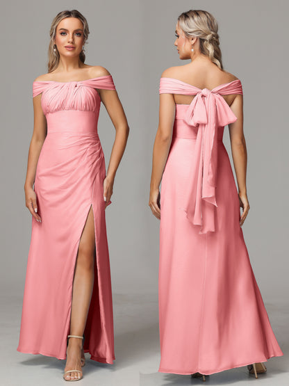Sleeveless Off The Shoulder Chiffon Bridesmaid Dress With Slit