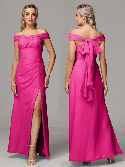 Sleeveless Off The Shoulder Chiffon Bridesmaid Dress With Slit