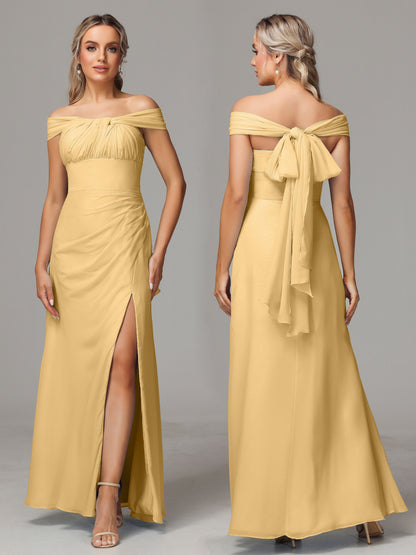 Sleeveless Off The Shoulder Chiffon Bridesmaid Dress With Slit