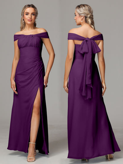 Sleeveless Off The Shoulder Chiffon Bridesmaid Dress With Slit