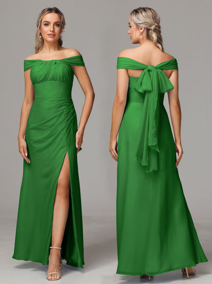 Sleeveless Off The Shoulder Chiffon Bridesmaid Dress With Slit