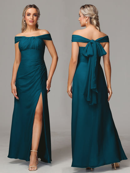 Sleeveless Off The Shoulder Chiffon Bridesmaid Dress With Slit