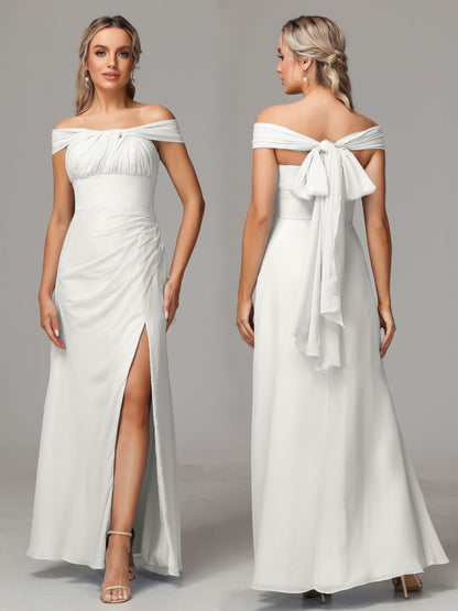 Sleeveless Off The Shoulder Chiffon Bridesmaid Dress With Slit