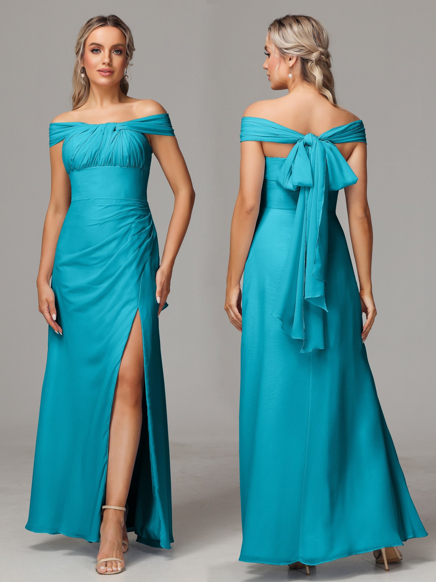 Sleeveless Off The Shoulder Chiffon Bridesmaid Dress With Slit