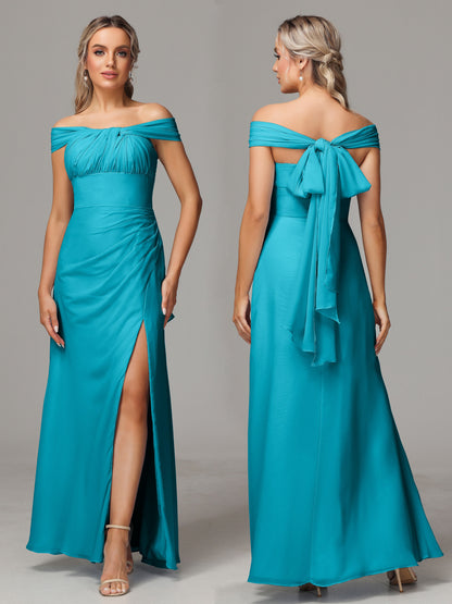 Sleeveless Off The Shoulder Chiffon Bridesmaid Dress With Slit