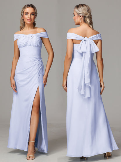 Sleeveless Off The Shoulder Chiffon Bridesmaid Dress With Slit