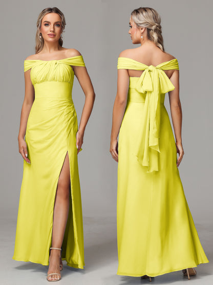 Sleeveless Off The Shoulder Chiffon Bridesmaid Dress With Slit