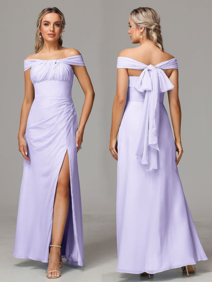 Sleeveless Off The Shoulder Chiffon Bridesmaid Dress With Slit