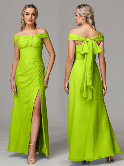Sleeveless Off The Shoulder Chiffon Bridesmaid Dress With Slit
