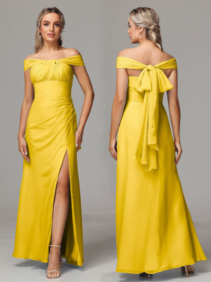 Sleeveless Off The Shoulder Chiffon Bridesmaid Dress With Slit
